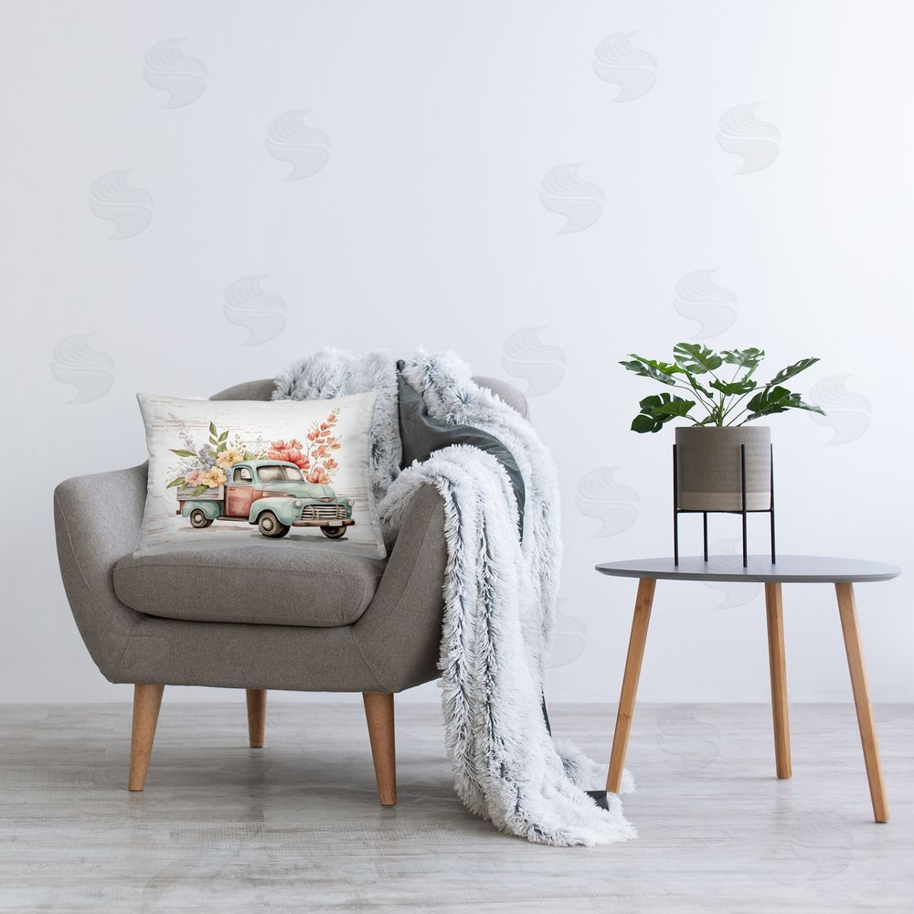 Lettered and Lined Flower Blossom Truck Printed Plush Polyester Throw Pillow On Chair