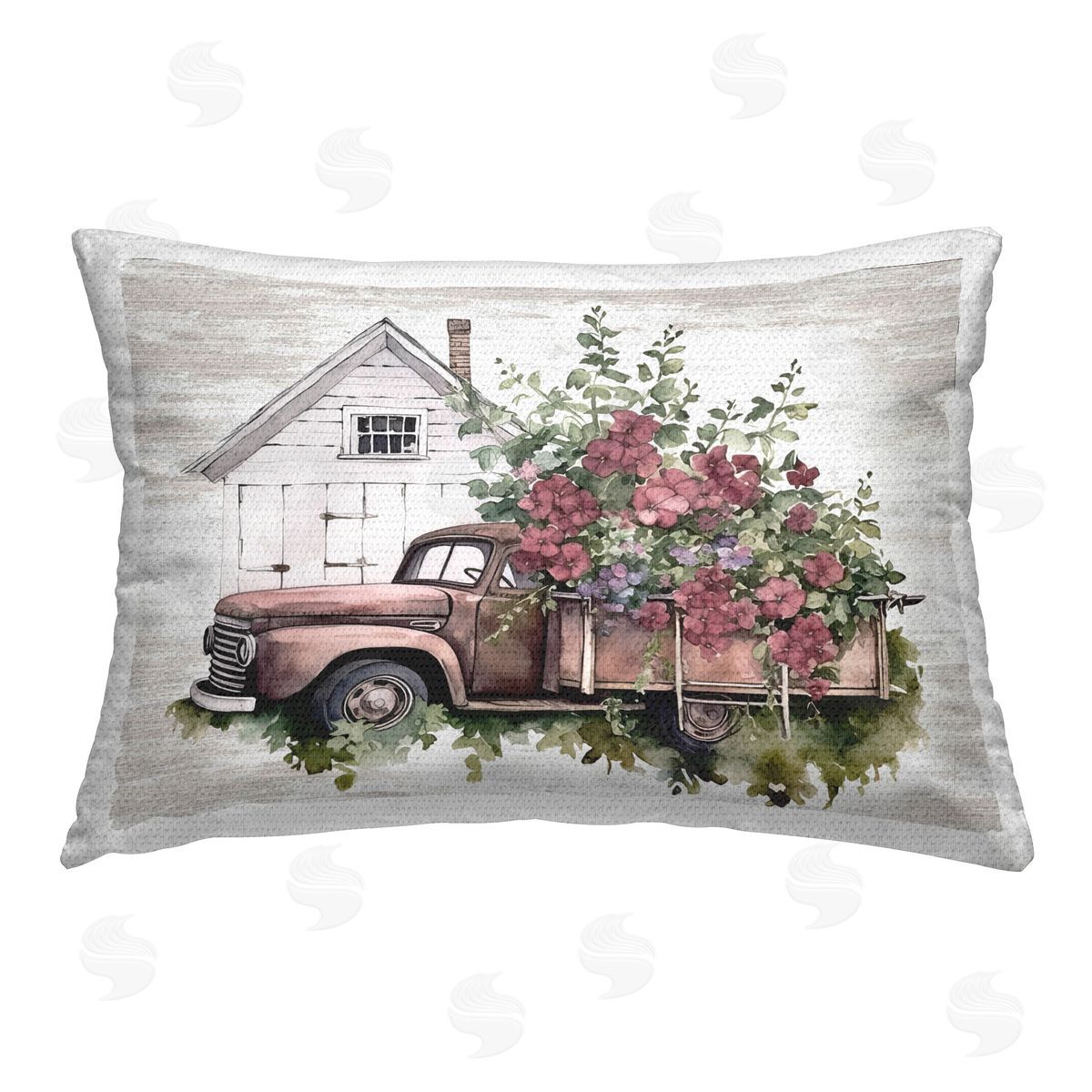 Lettered and Lined Burgundy Flowers Truck Outdoor Quick-Dry Polyester Printed Throw Pillow
