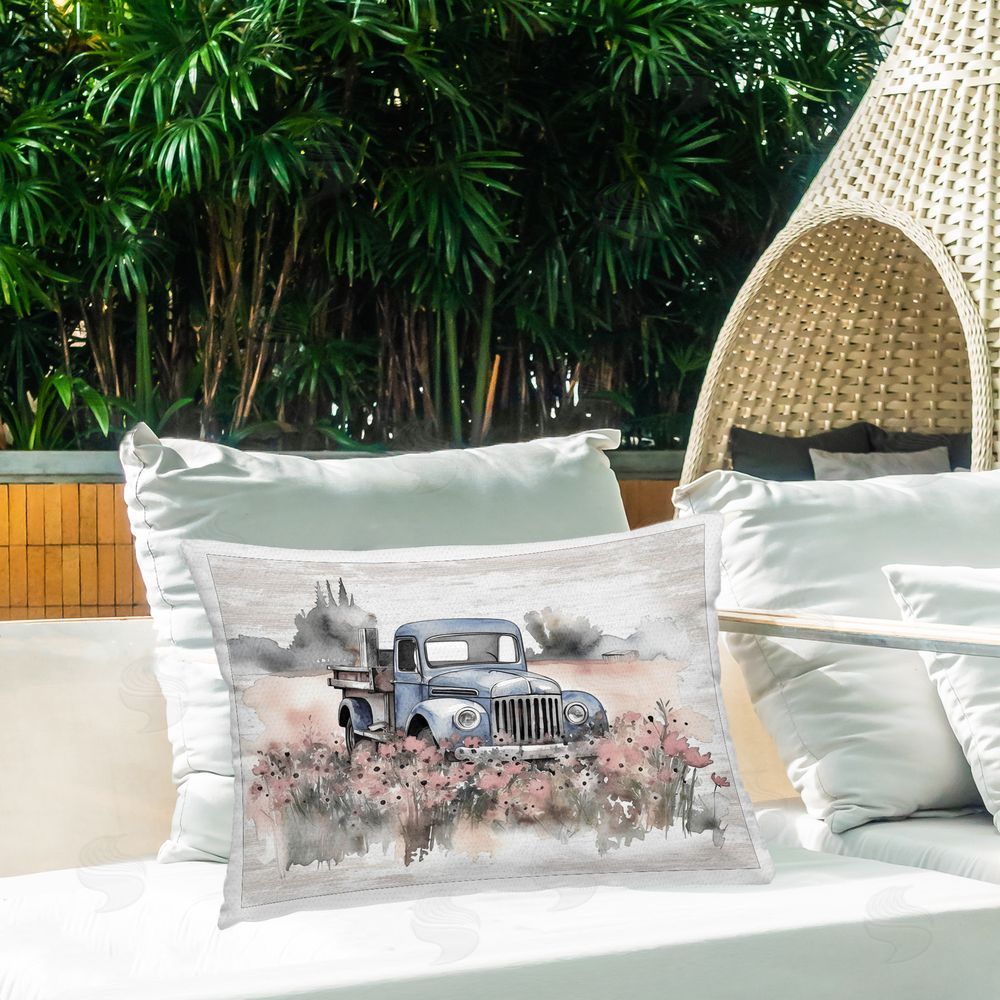 Lettered and Lined Pickup in Floral Meadow Outdoor Quick-Dry Polyester Printed Throw Pillow in Back Yard