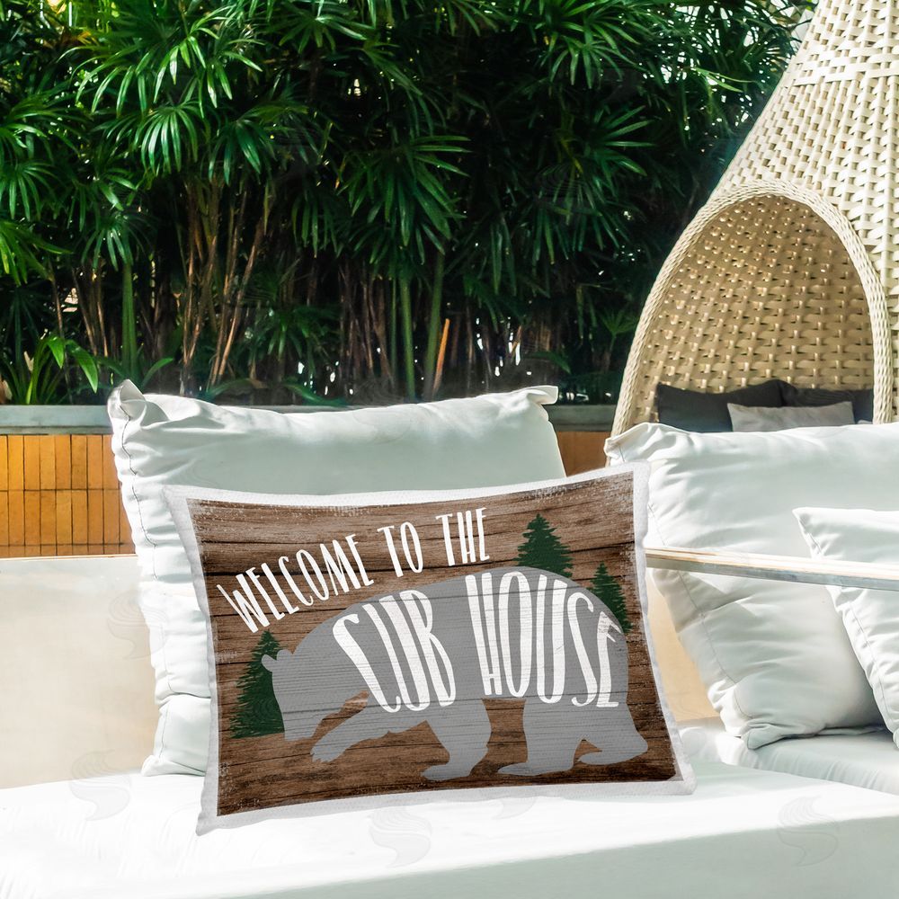 Stupell Studio Welcome Cub House Outdoor Quick-Dry Polyester Printed Throw Pillow in Back Yard
