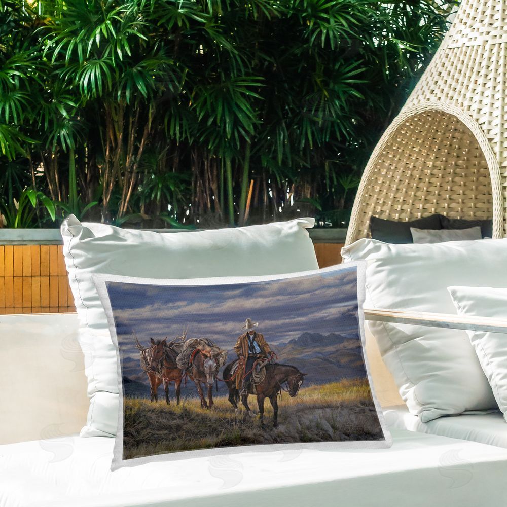David Graham Sauntering Cowboy & Horses Outdoor Quick-Dry Polyester Printed Throw Pillow in Back Yard