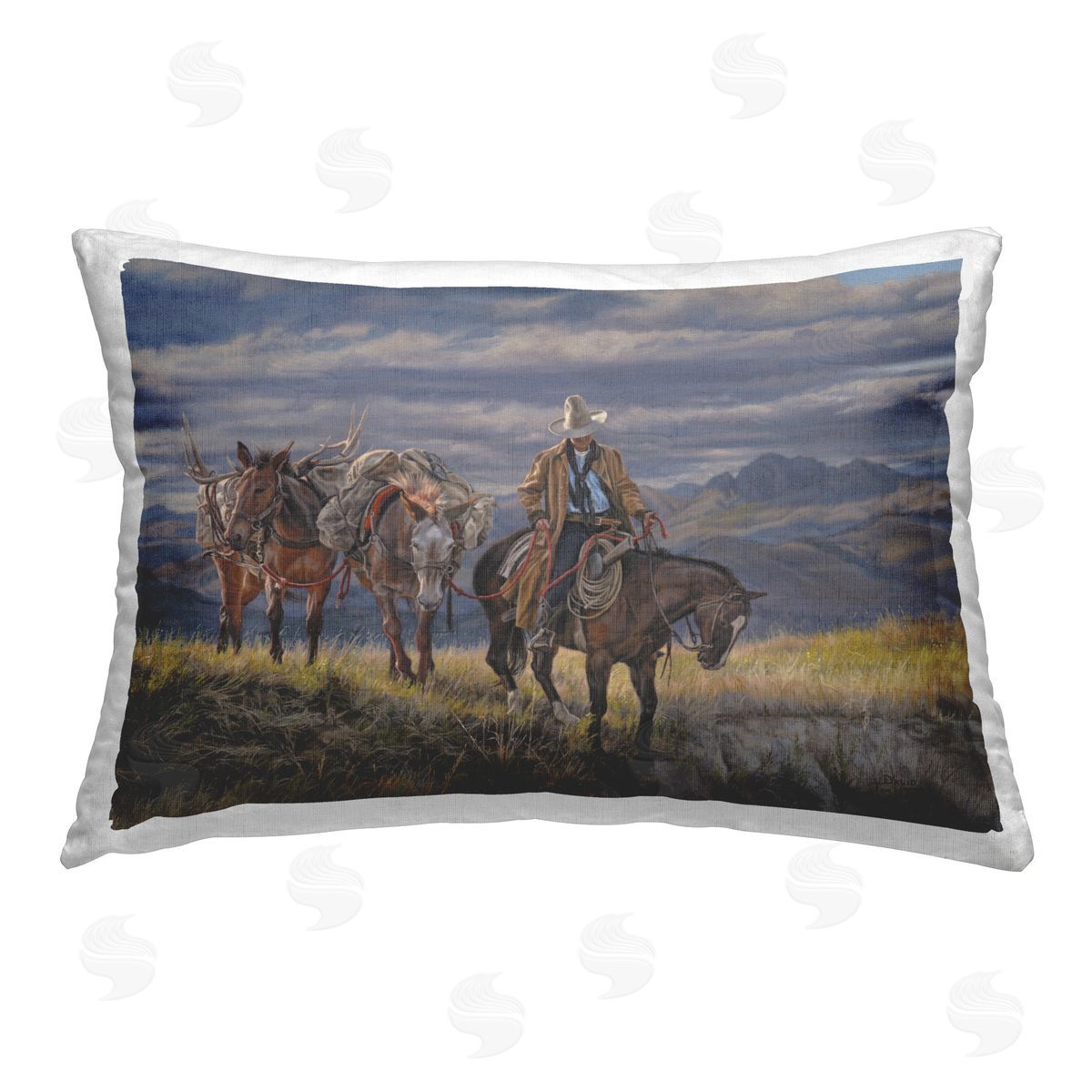 David Graham Sauntering Cowboy & Horses Printed Plush Polyester Throw Pillow