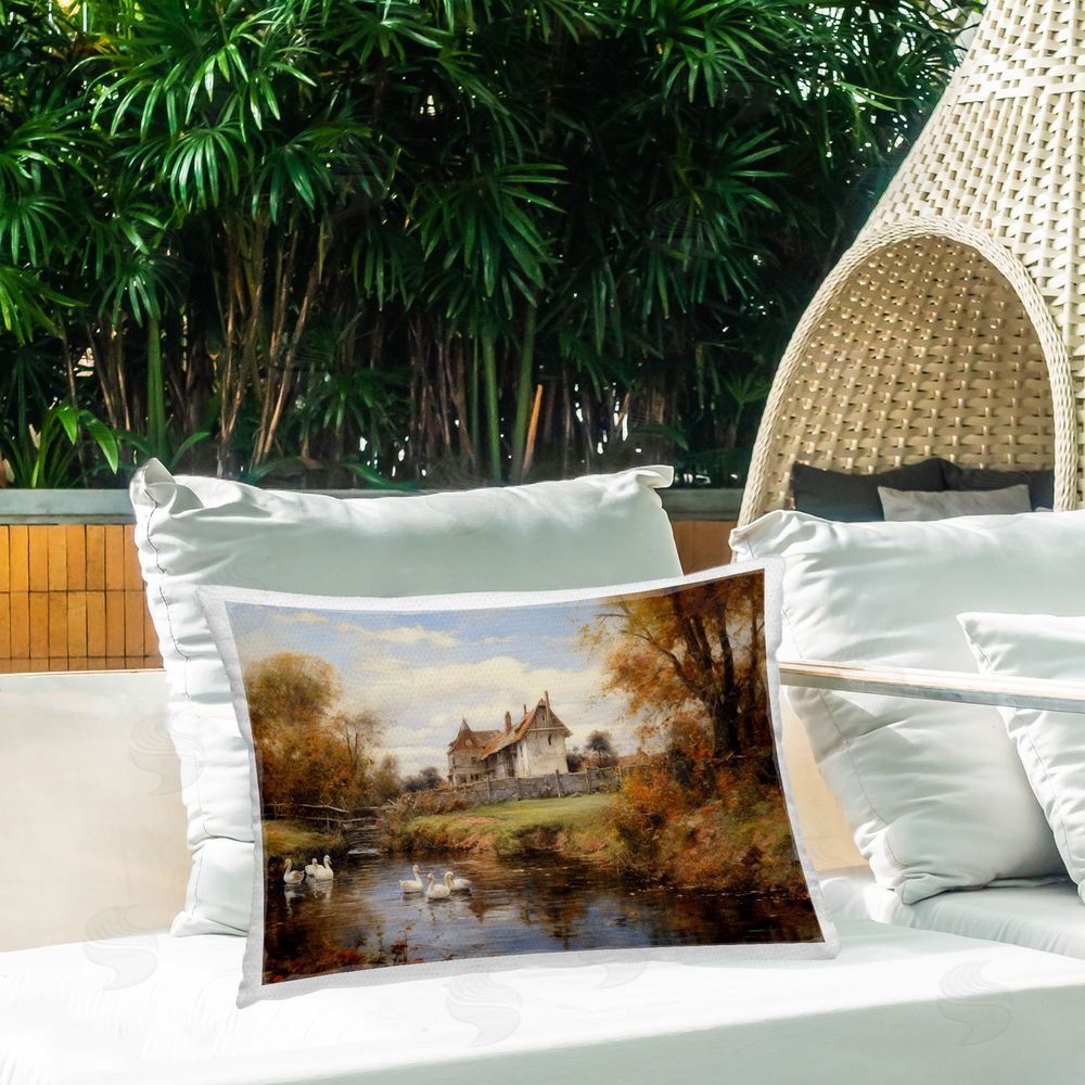 Petal Prints Design Ducks in Cottage River Outdoor Quick-Dry Polyester Printed Throw Pillow in Back Yard