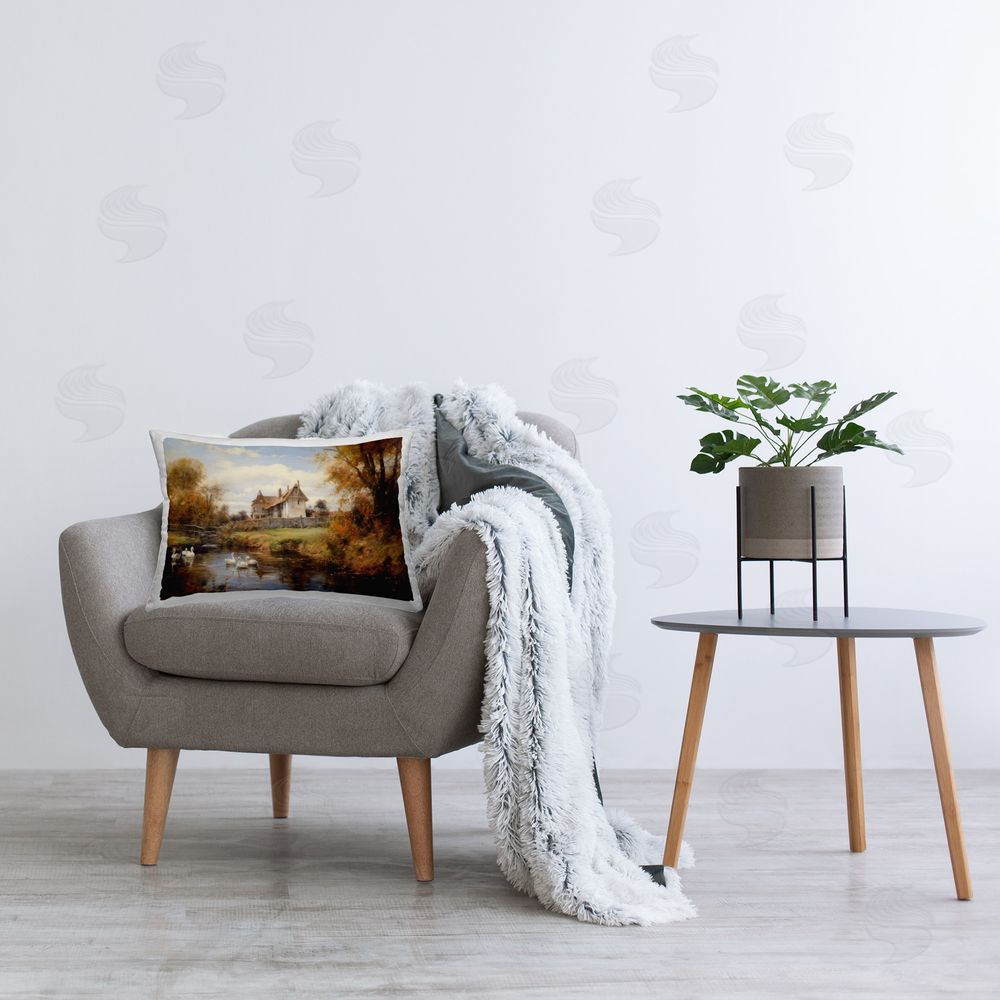 Petal Prints Design Ducks in Cottage River Printed Plush Polyester Throw Pillow On Chair