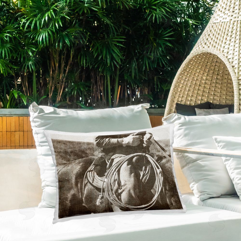 Riley B Cowboy with Lasso Outdoor Quick-Dry Polyester Printed Throw Pillow in Back Yard