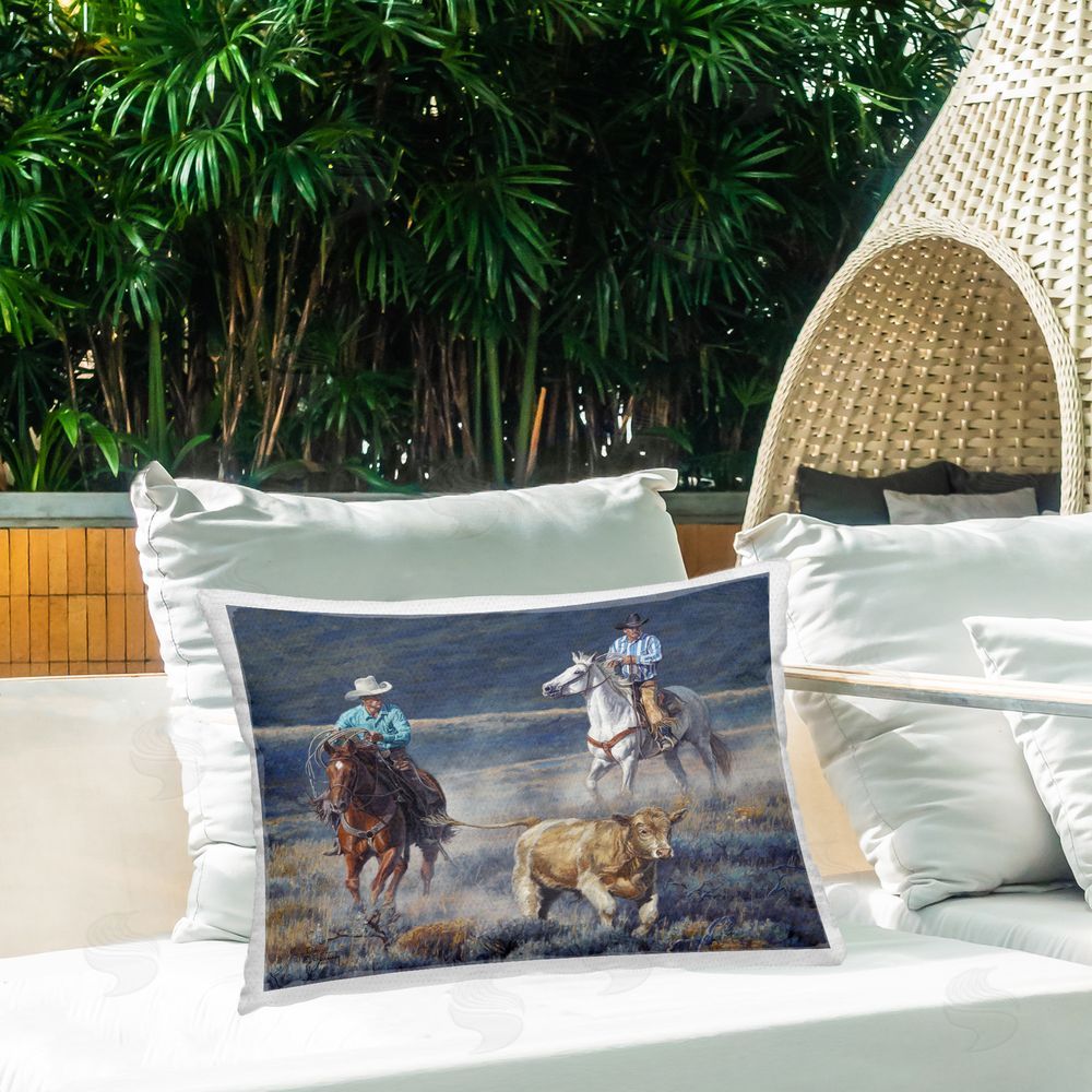 David Kiehm The Chase Cowboys Outdoor Quick-Dry Polyester Printed Throw Pillow in Back Yard