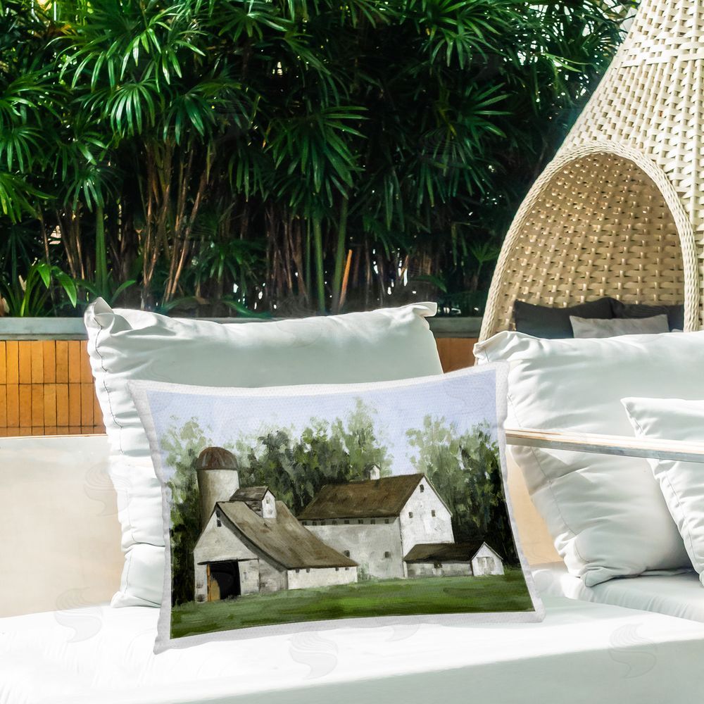 White Ladder White Barn Farmhouse Outdoor Quick-Dry Polyester Printed Throw Pillow in Back Yard