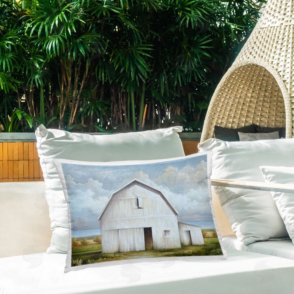 White Ladder White Barn with Clouds Outdoor Quick-Dry Polyester Printed Throw Pillow in Back Yard