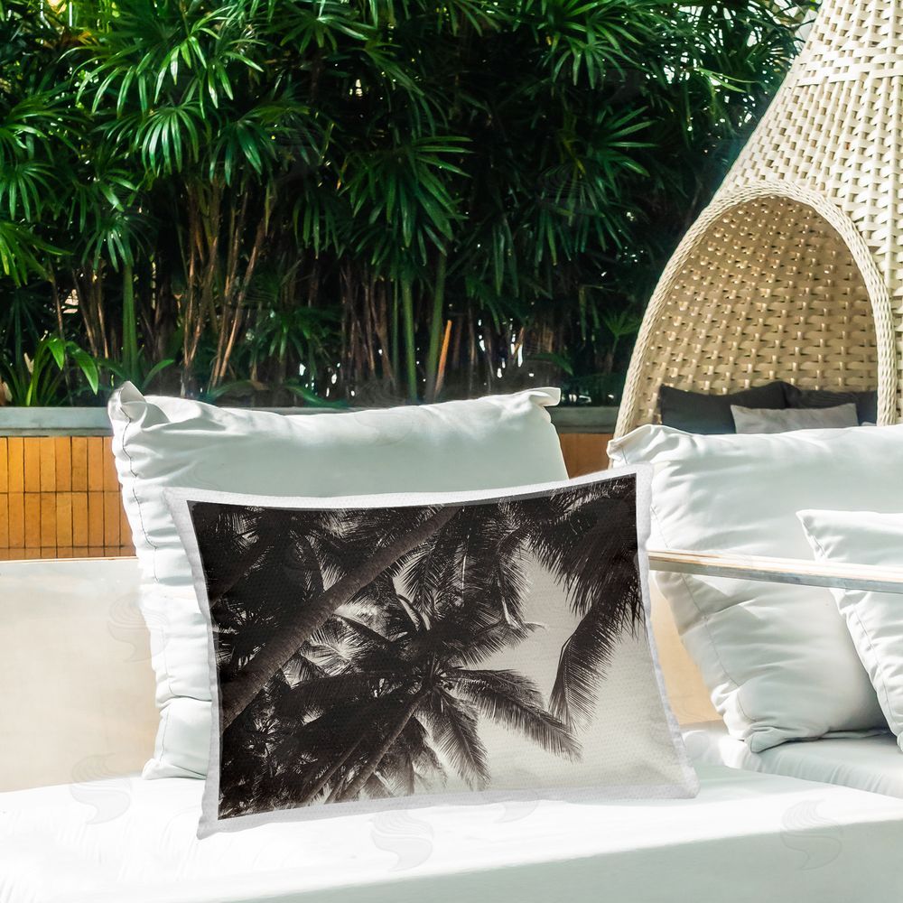 Acosta Dark Palm Leaves Outdoor Quick-Dry Polyester Printed Throw Pillow in Back Yard