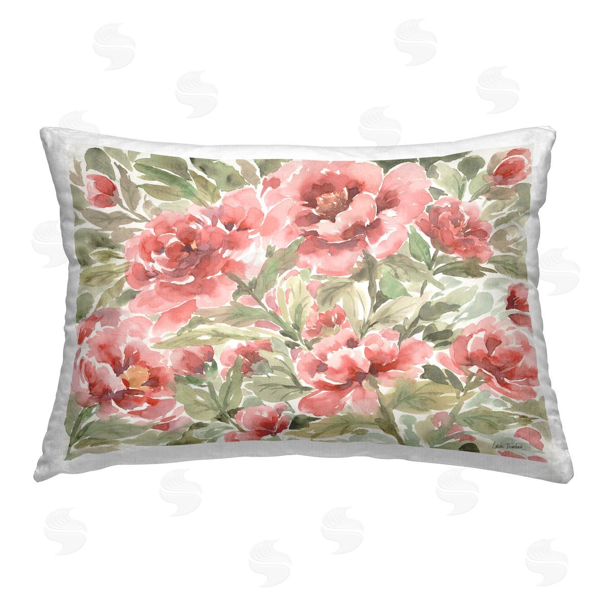 Leslie Trimbach Pink Peonies Pattern Printed Plush Polyester Throw Pillow