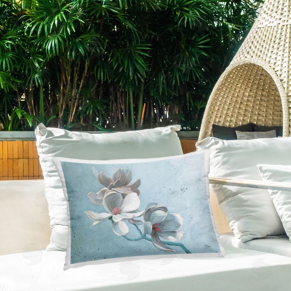 Wellington Studio Magnolia Branch on Blue Outdoor Quick-Dry Polyester Printed Throw Pillow in Back Yard