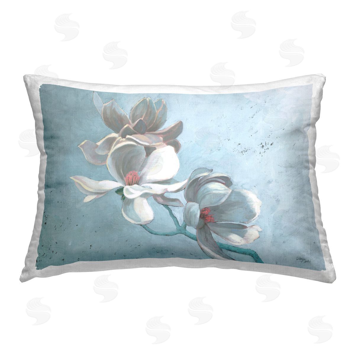 Wellington Studio Magnolia Branch on Blue Printed Plush Polyester Throw Pillow