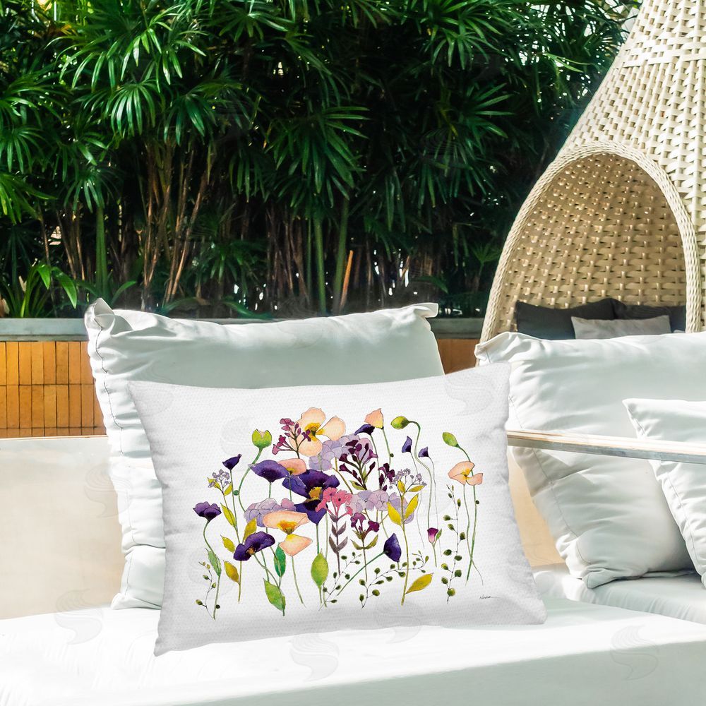 Shirley Novak Purple Poppy Sprigs Outdoor Quick-Dry Polyester Printed Throw Pillow in Back Yard