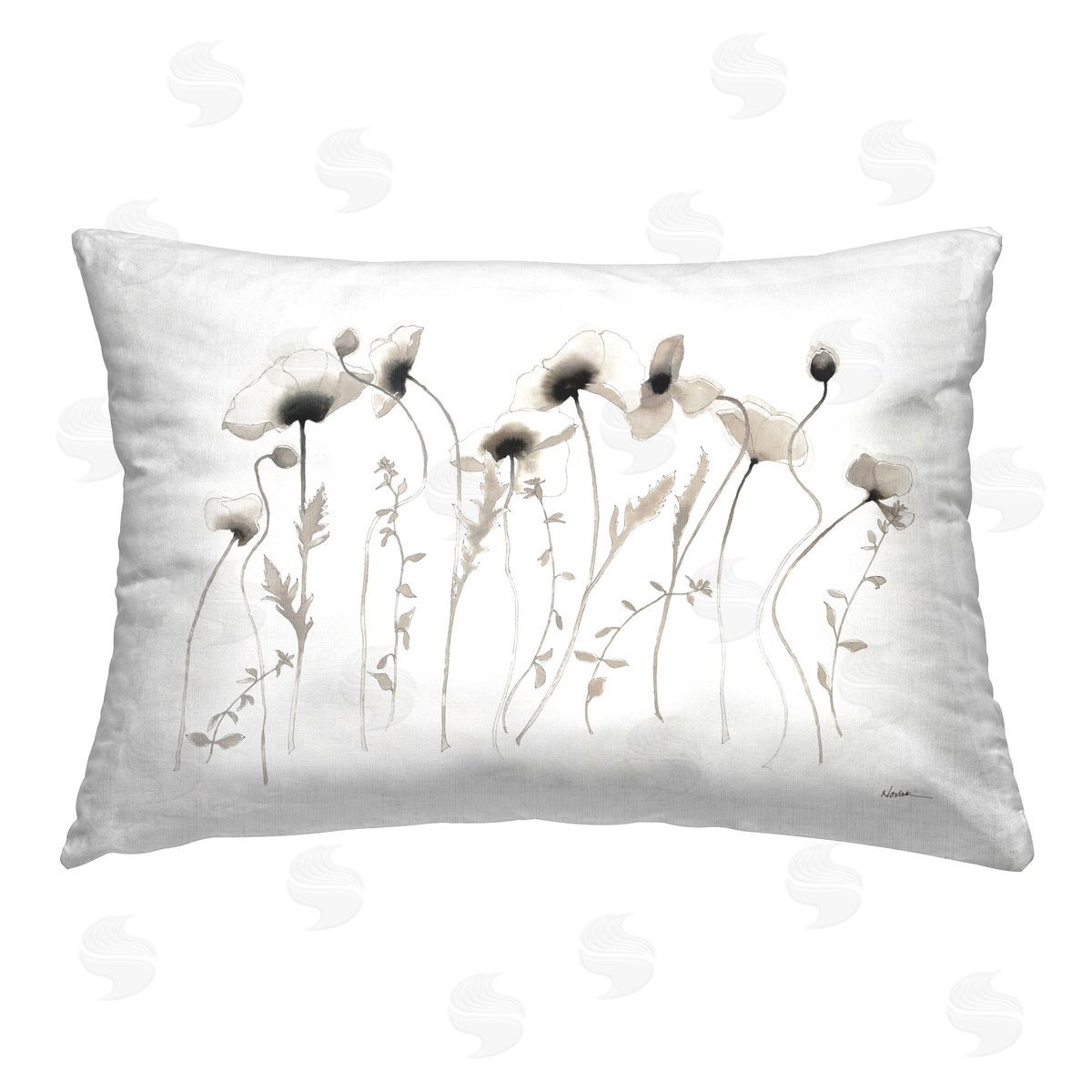 Shirley Novak White Poppy Sprigs Printed Plush Polyester Throw Pillow