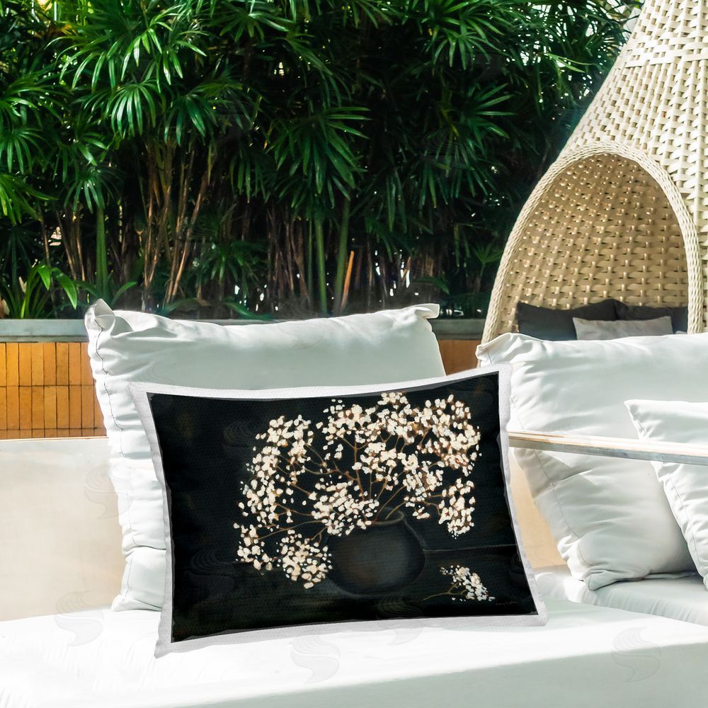 Haley Knighten Baby's Breath on Black Outdoor Quick-Dry Polyester Printed Throw Pillow in Back Yard