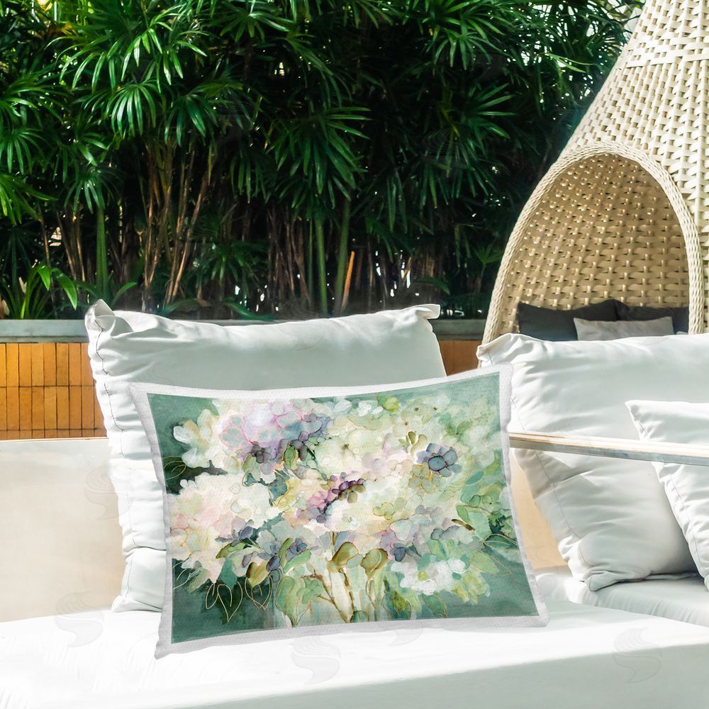 Carol Robinson Gilded Hydrangea Bloom Outdoor Quick-Dry Polyester Printed Throw Pillow in Back Yard