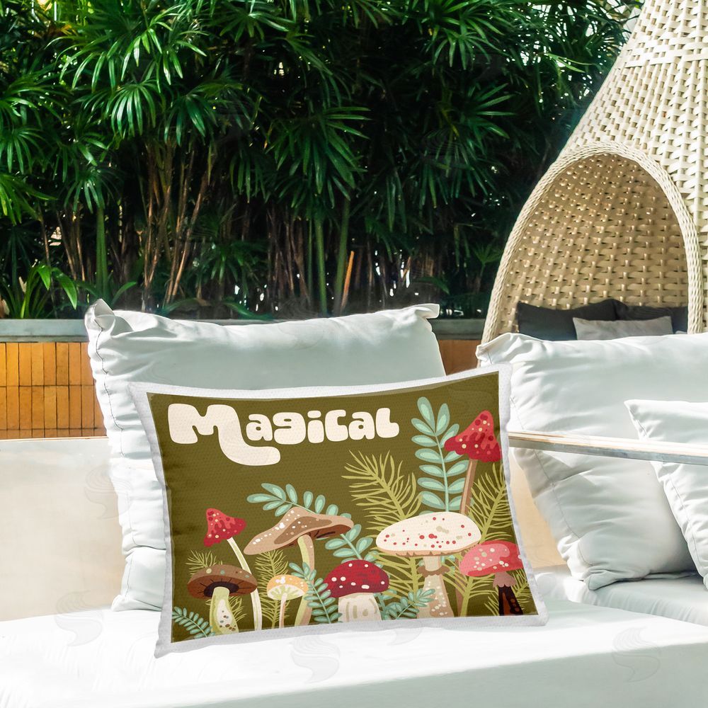 Diane Labombarbe Magical Botanical Mushrooms Outdoor Quick-Dry Polyester Printed Throw Pillow in Back Yard