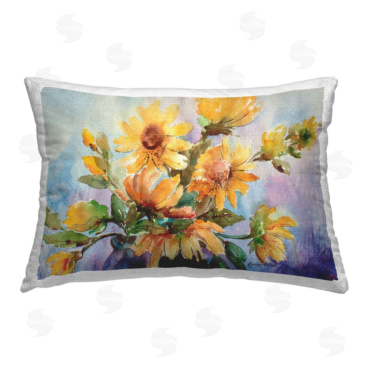 Karin Lind Watercolor Daisies Vase Outdoor Quick-Dry Polyester Printed Throw Pillow