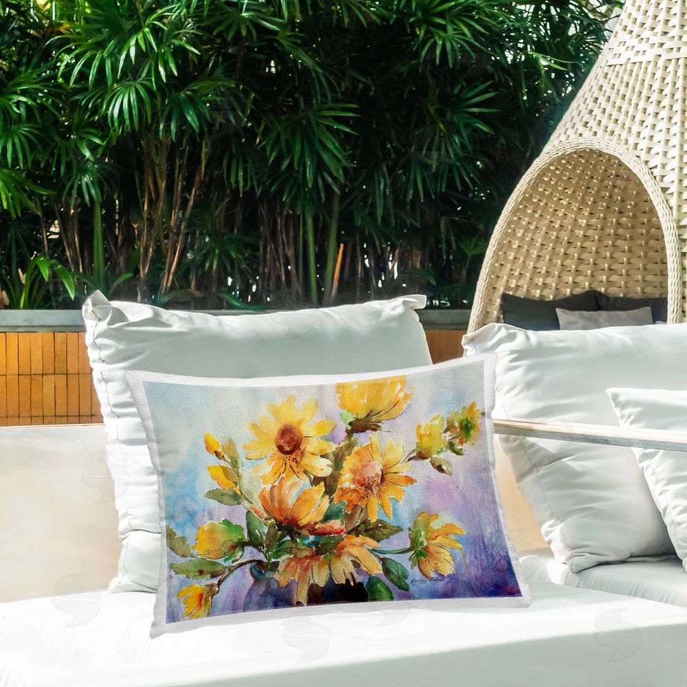 Karin Lind Watercolor Daisies Vase Outdoor Quick-Dry Polyester Printed Throw Pillow in Back Yard