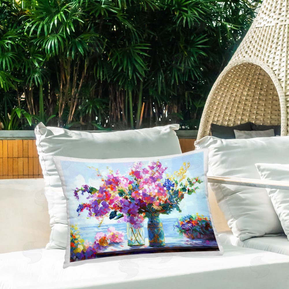 Leon Devenice Ocean Breeze Blossoms Outdoor Quick-Dry Polyester Printed Throw Pillow in Back Yard