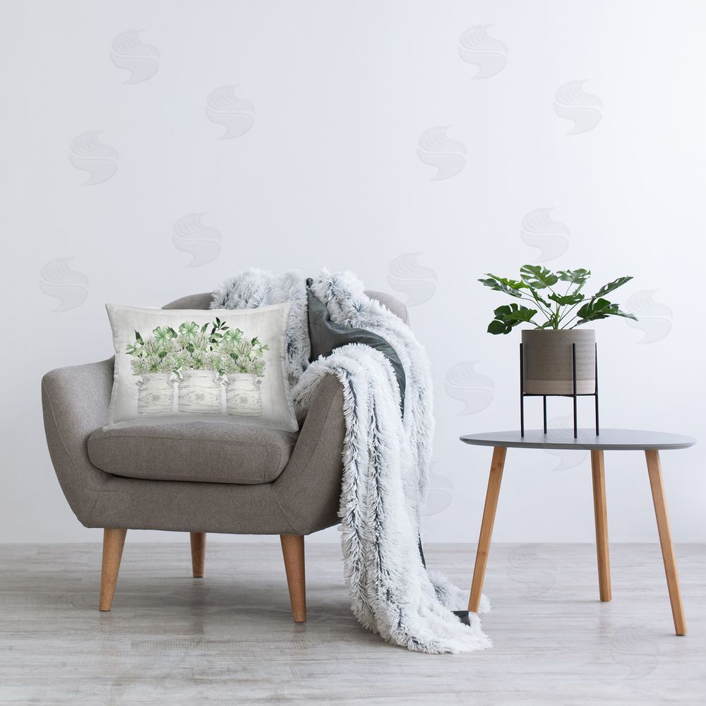 Lettered and Lined Spring Potted Clovers Printed Plush Polyester Throw Pillow On Chair