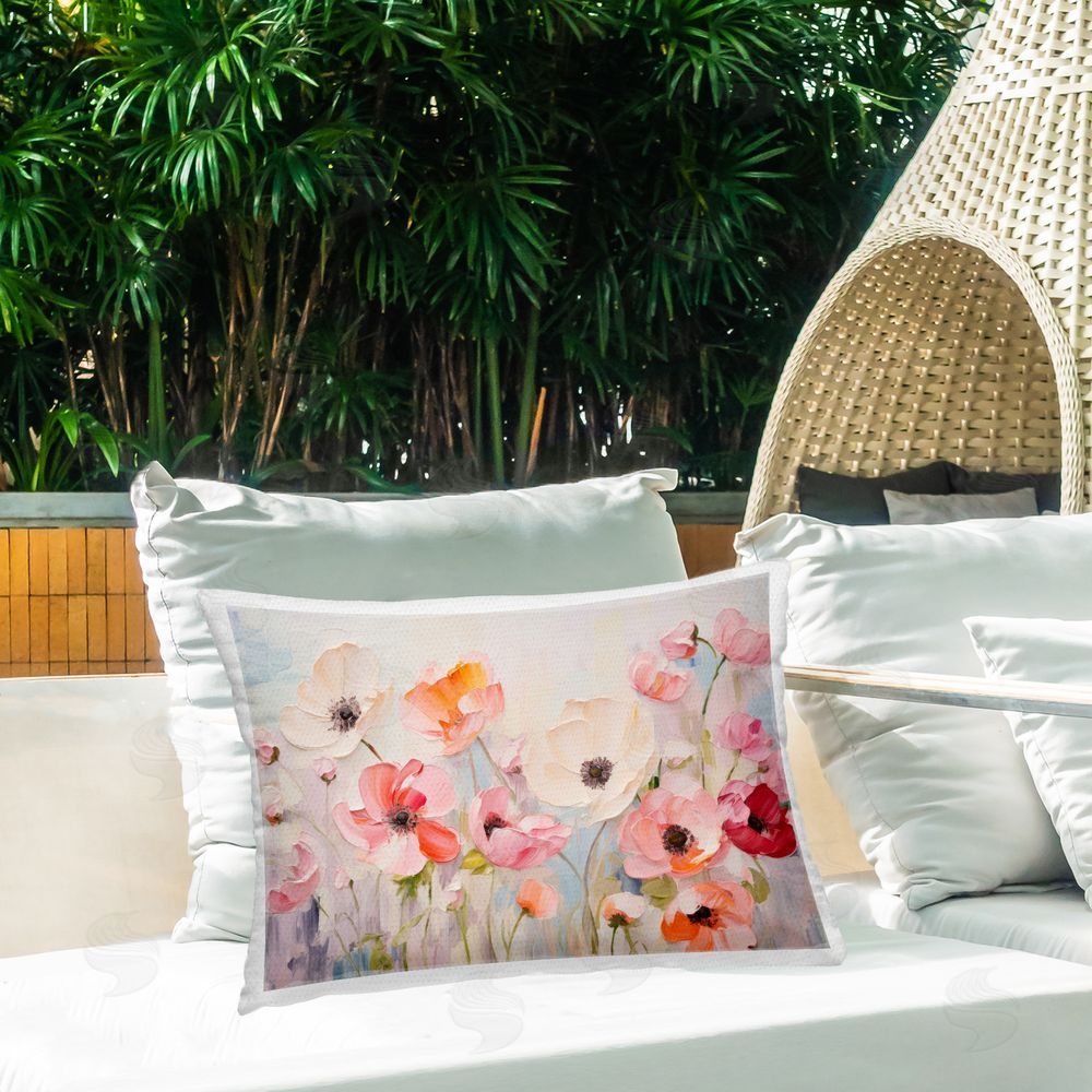 Petal Prints Design Pastel Ranunculus Blooms Outdoor Quick-Dry Polyester Printed Throw Pillow in Back Yard