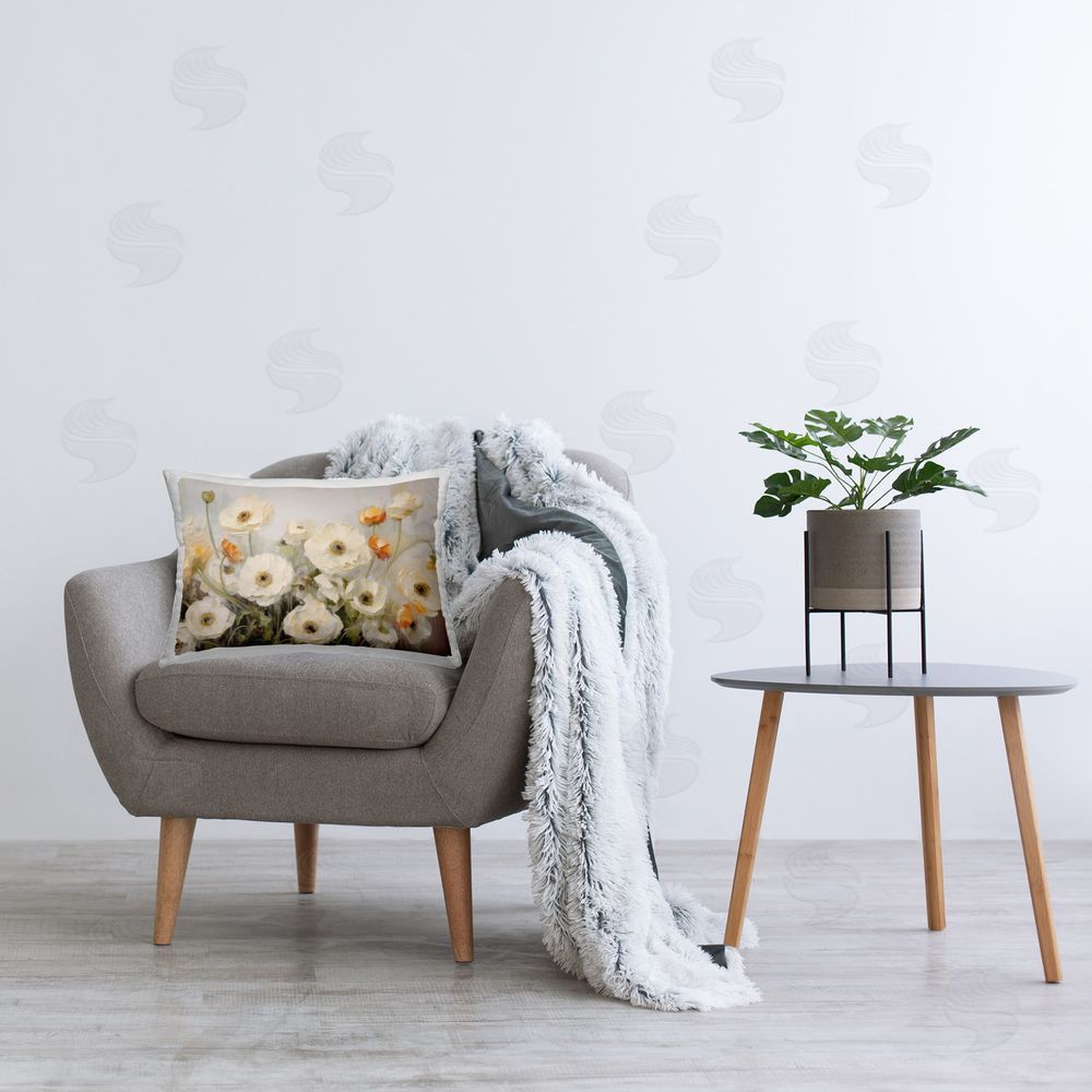 Petal Prints Design White Ranunculus Blooms Printed Plush Polyester Throw Pillow On Chair