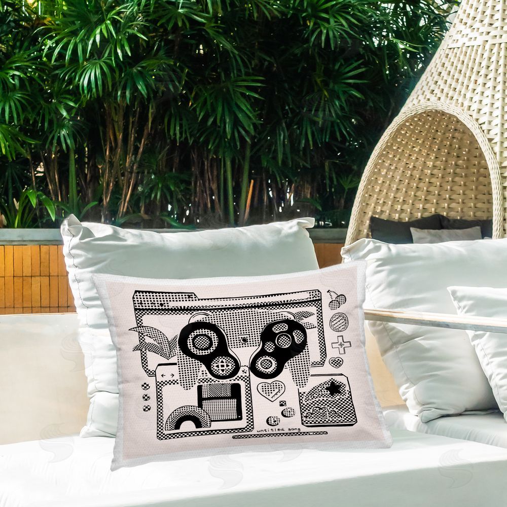 Melissa Wang Retro Pixel Controller Outdoor Quick-Dry Polyester Printed Throw Pillow in Back Yard