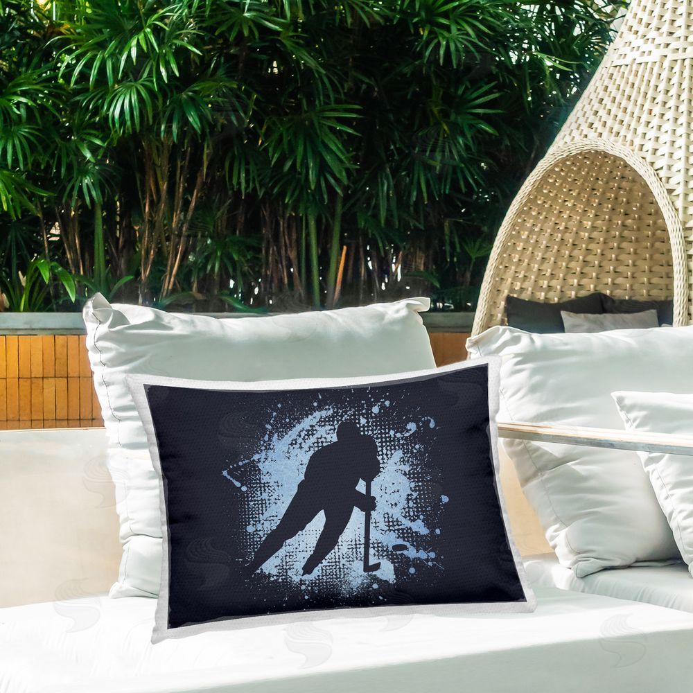 Jim Baldwin Hockey Stance Blue Splash Outdoor Quick-Dry Polyester Printed Throw Pillow in Back Yard