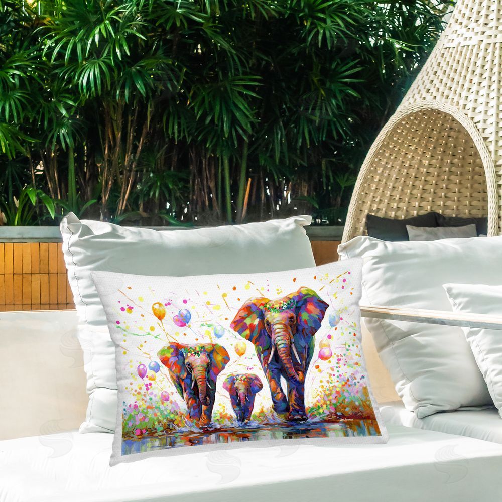 Leon Devenice Elephants & Celebration Balloons Outdoor Quick-Dry Polyester Printed Throw Pillow in Back Yard
