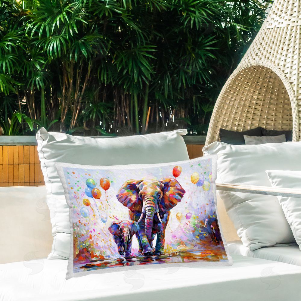 Leon Devenice Elephants & Balloons Outdoor Quick-Dry Polyester Printed Throw Pillow in Back Yard