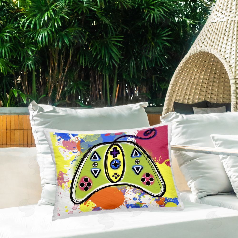 Matthew Piotrowicz Modern Pop Controller Outdoor Quick-Dry Polyester Printed Throw Pillow in Back Yard