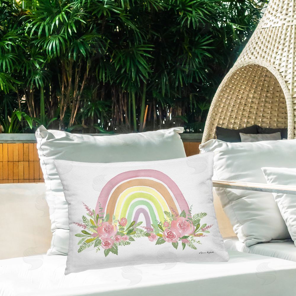 Sharon Kuplack Rose Blooming Rainbow Outdoor Quick-Dry Polyester Printed Throw Pillow in Back Yard