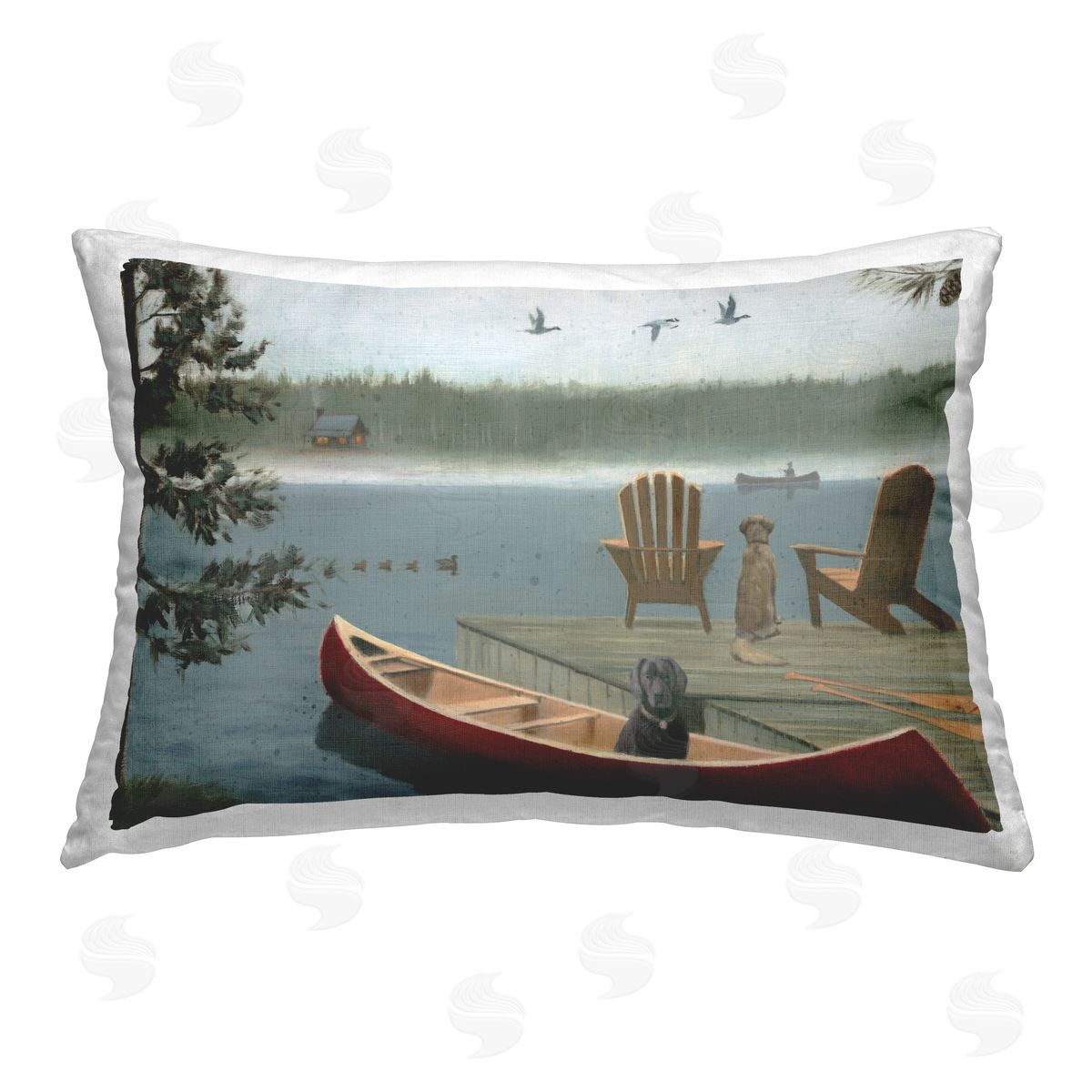 James Wiens Dogs on Lake Dock Printed Plush Polyester Throw Pillow