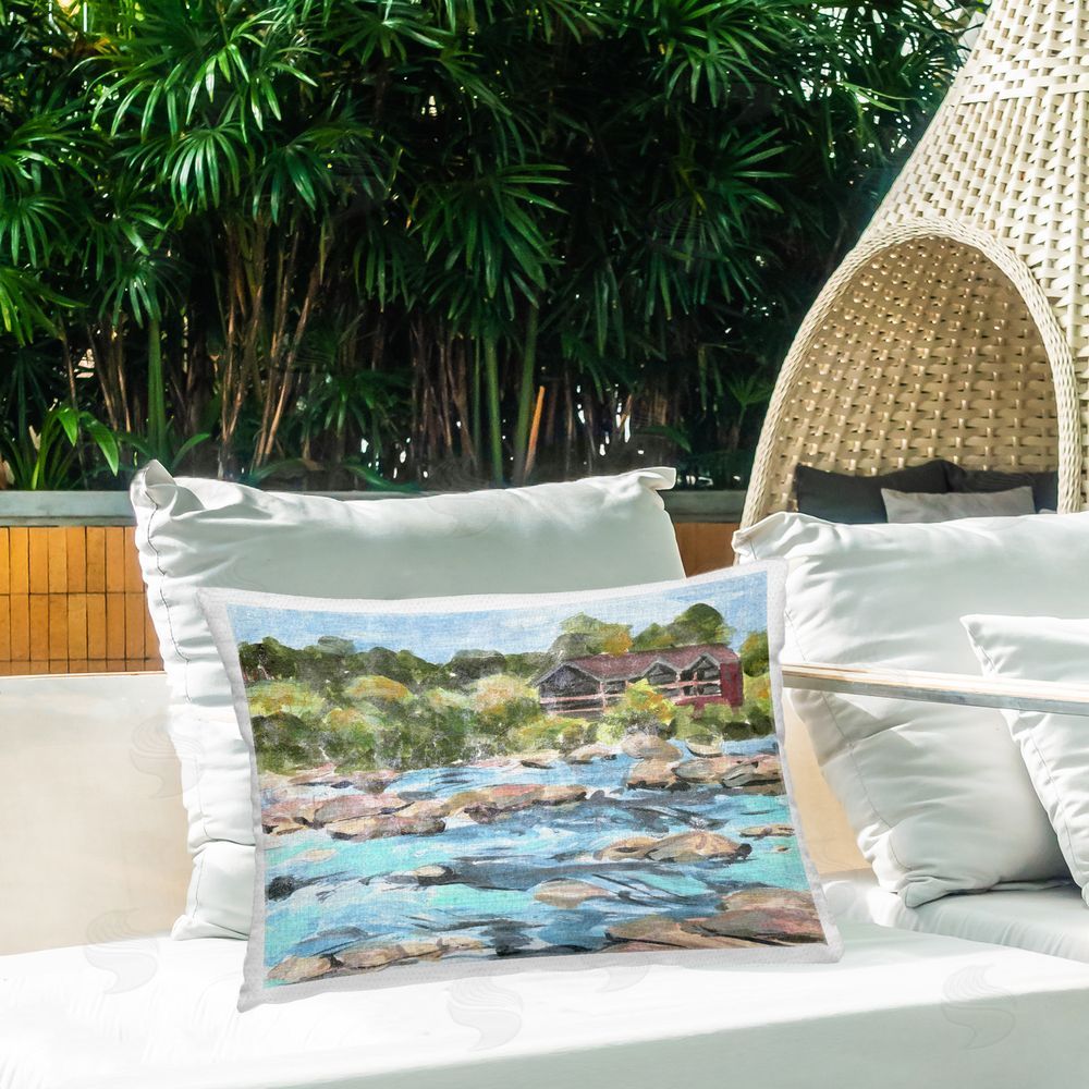 Melissa Wang Rocky River Landscape Outdoor Quick-Dry Polyester Printed Throw Pillow in Back Yard