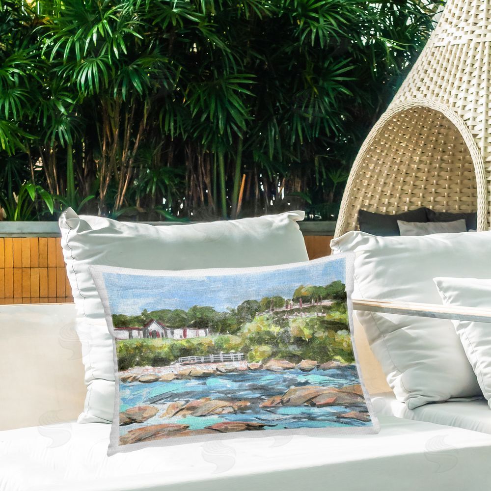Melissa Wang Rocky Nautical Landscape Outdoor Quick-Dry Polyester Printed Throw Pillow in Back Yard