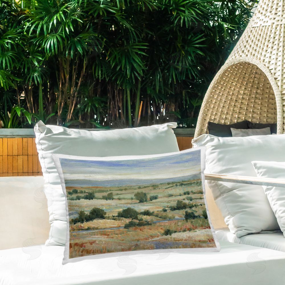 Tim O'Toole Distant Farmland View Outdoor Quick-Dry Polyester Printed Throw Pillow in Back Yard