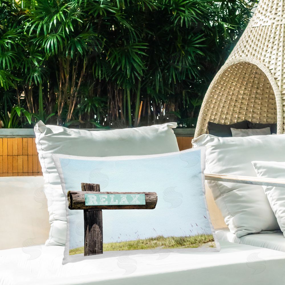 Gail Peck Relax Sign on Beach Outdoor Quick-Dry Polyester Printed Throw Pillow in Back Yard