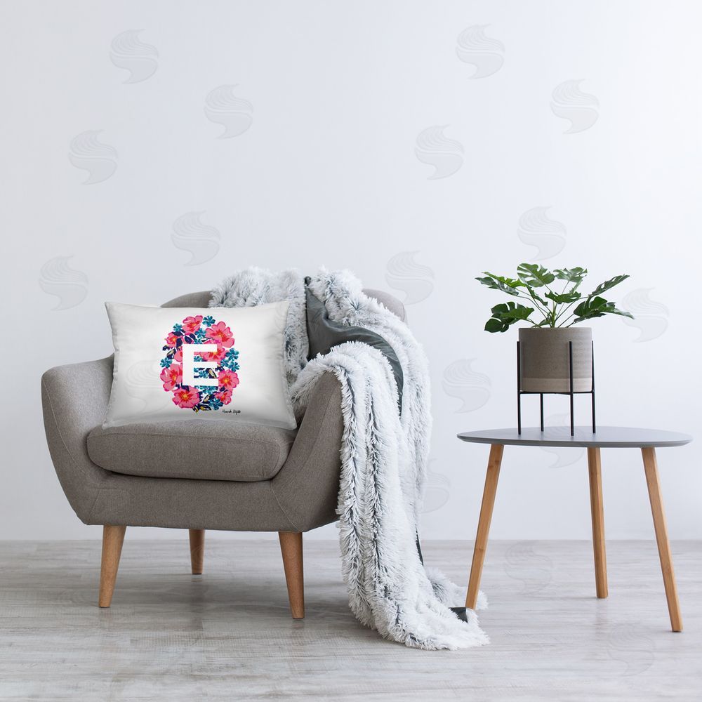 Hannah Byatt Floral Initial Letter E Printed Plush Polyester Throw Pillow On Chair