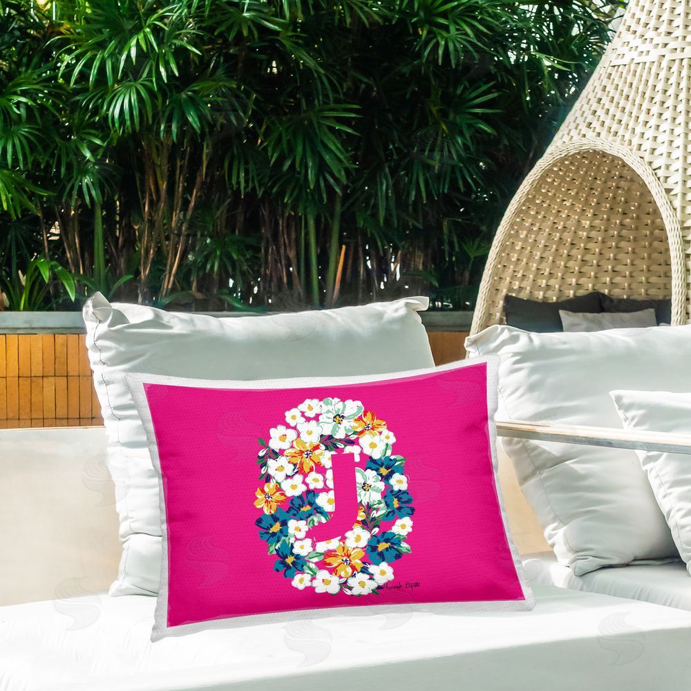 Hannah Byatt Floral Initial Letter J Outdoor Quick-Dry Polyester Printed Throw Pillow in Back Yard