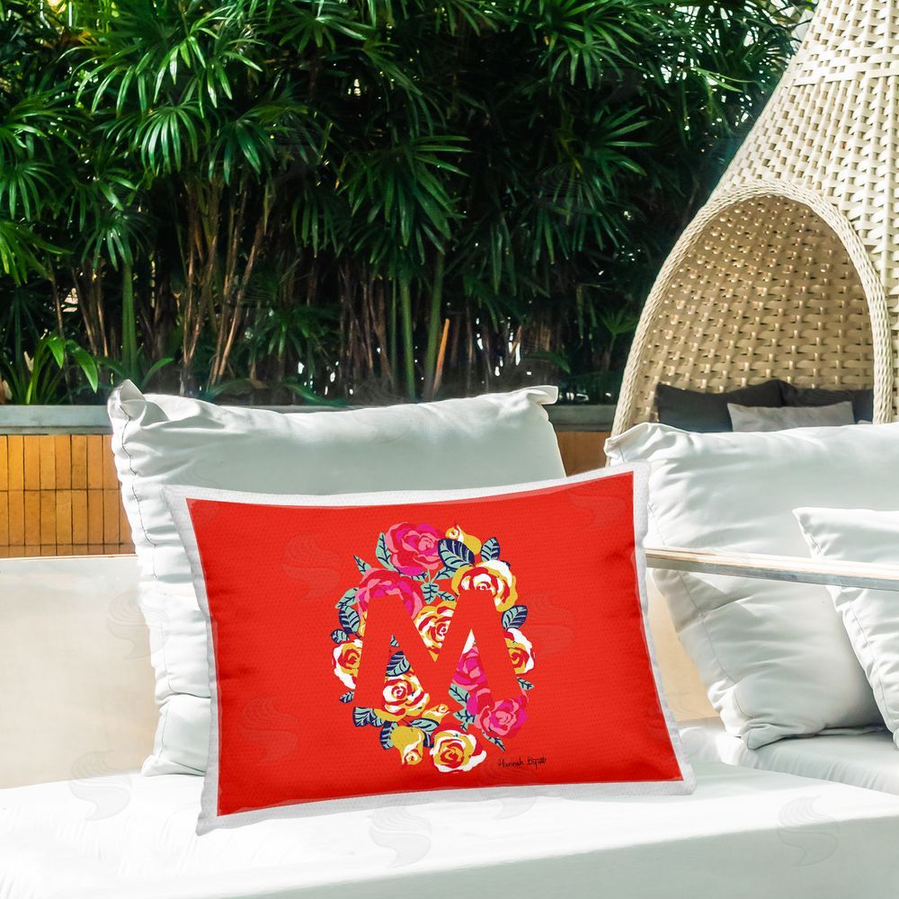 Hannah Byatt Floral Initial Letter M Outdoor Quick-Dry Polyester Printed Throw Pillow in Back Yard