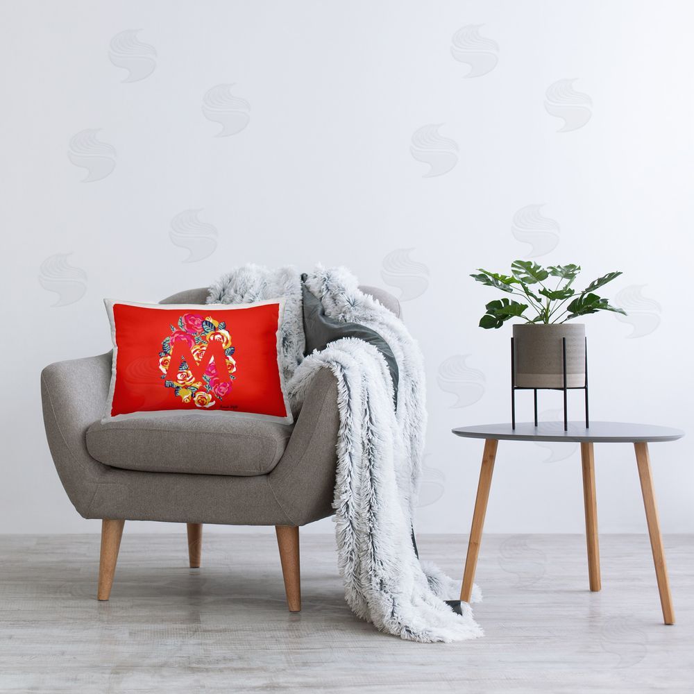 Hannah Byatt Floral Initial Letter M Printed Plush Polyester Throw Pillow On Chair