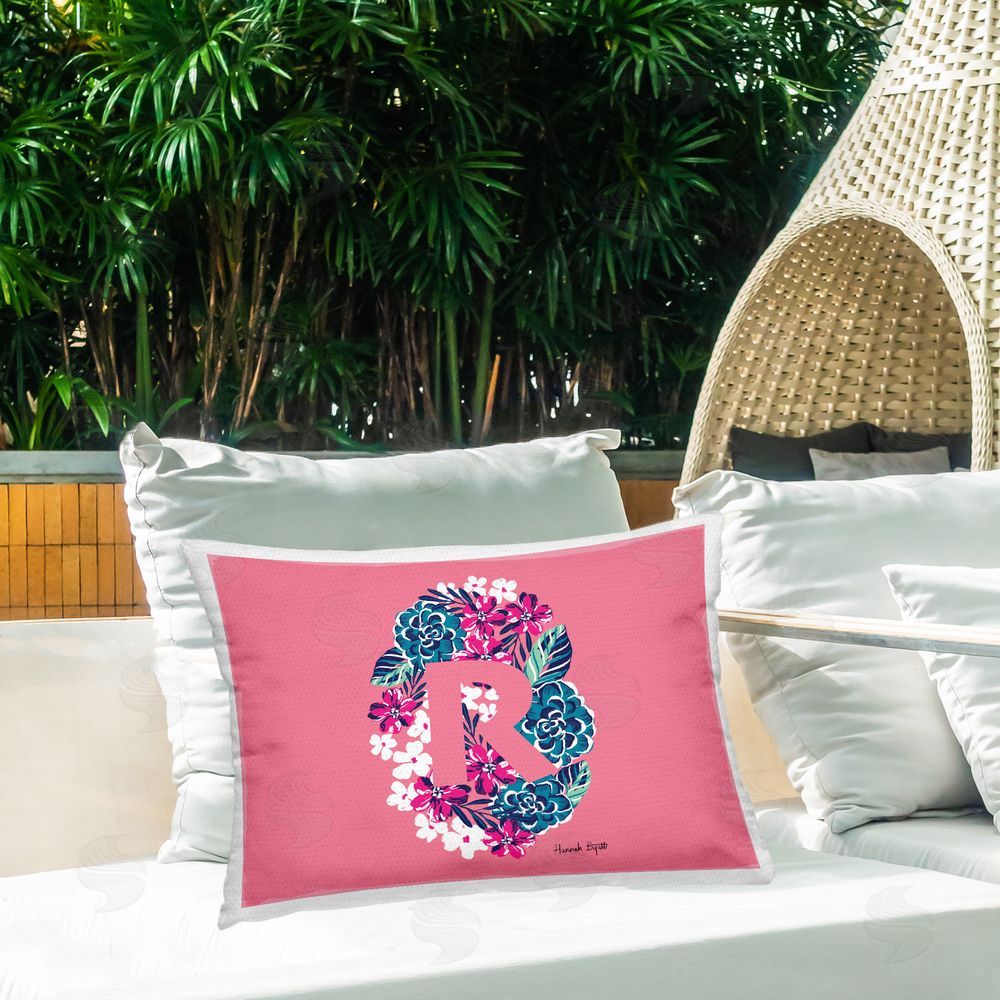 Hannah Byatt Floral Initial Letter R Outdoor Quick-Dry Polyester Printed Throw Pillow in Back Yard