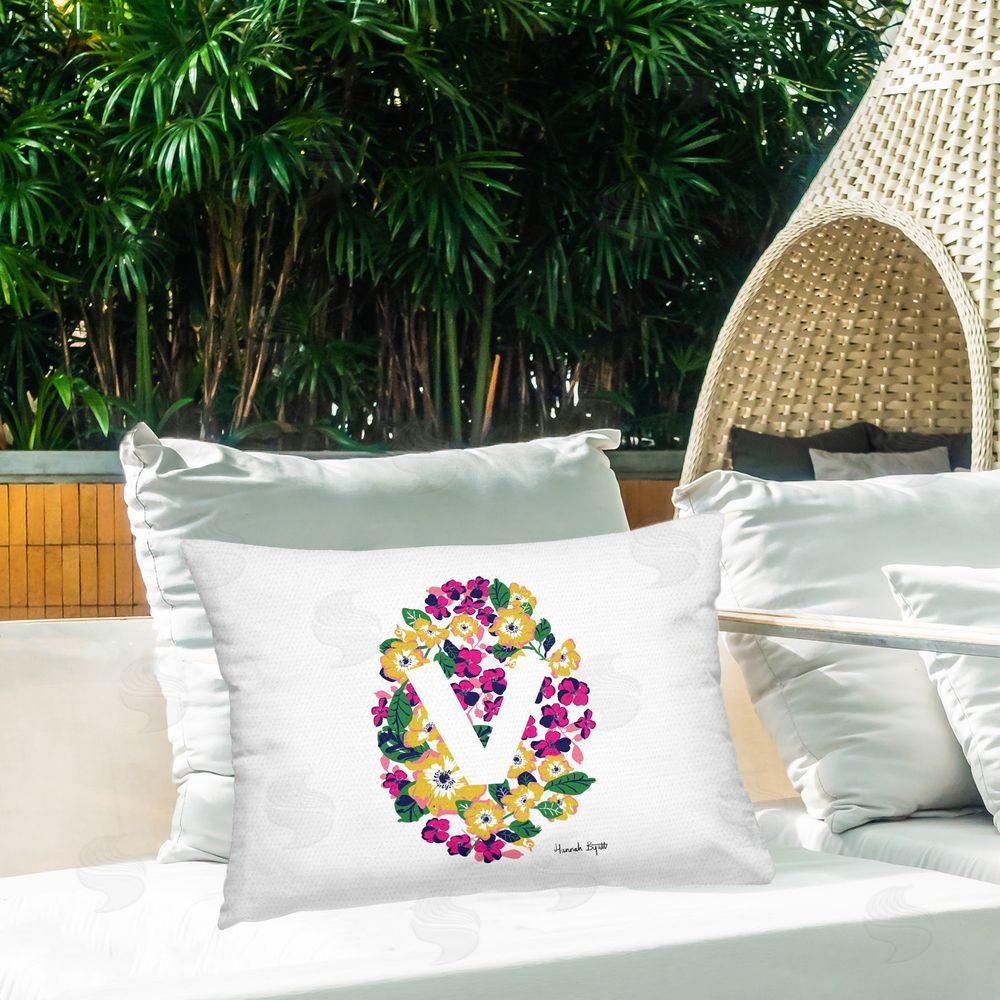 Hannah Byatt Floral Initial Letter V Outdoor Quick-Dry Polyester Printed Throw Pillow in Back Yard