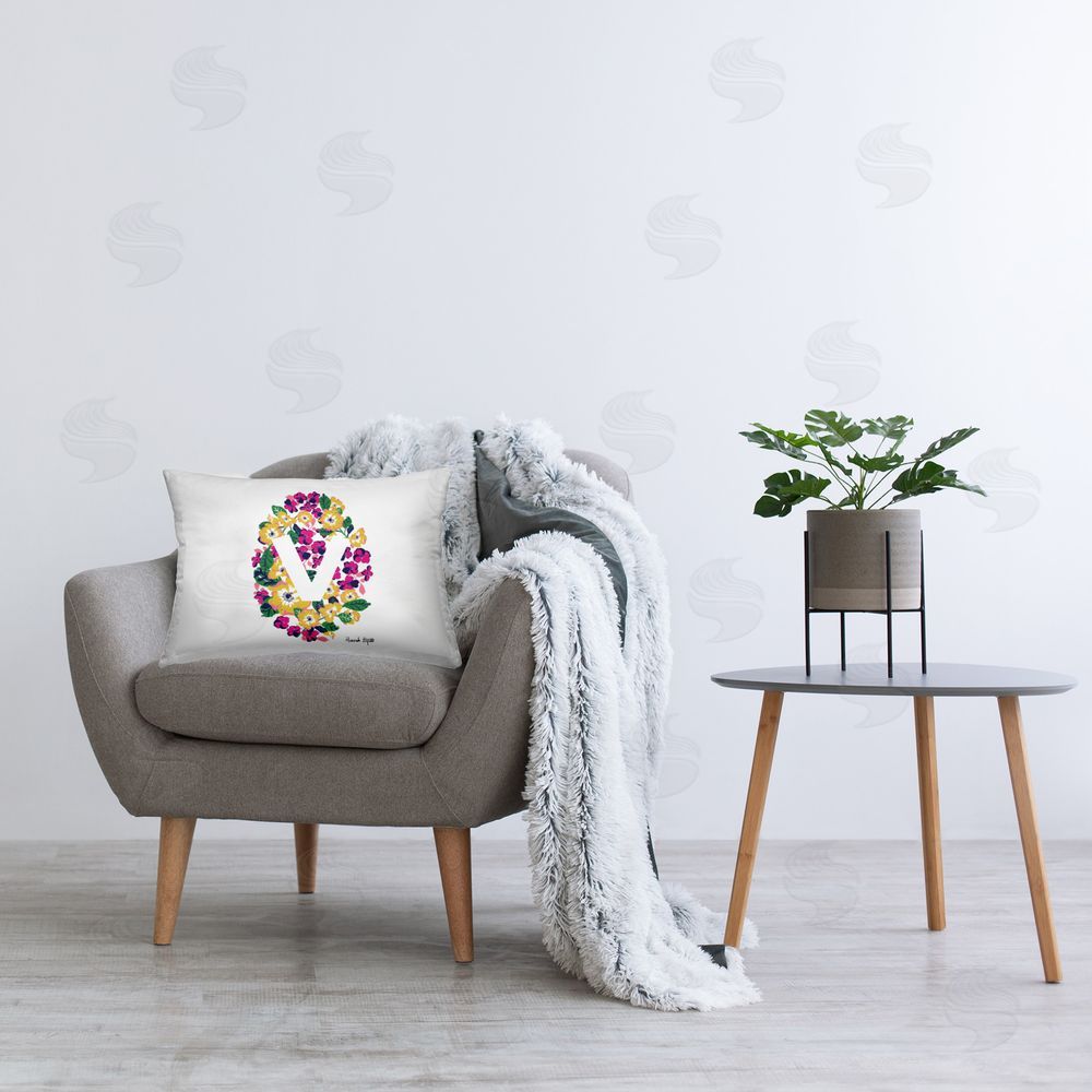 Hannah Byatt Floral Initial Letter V Printed Plush Polyester Throw Pillow On Chair