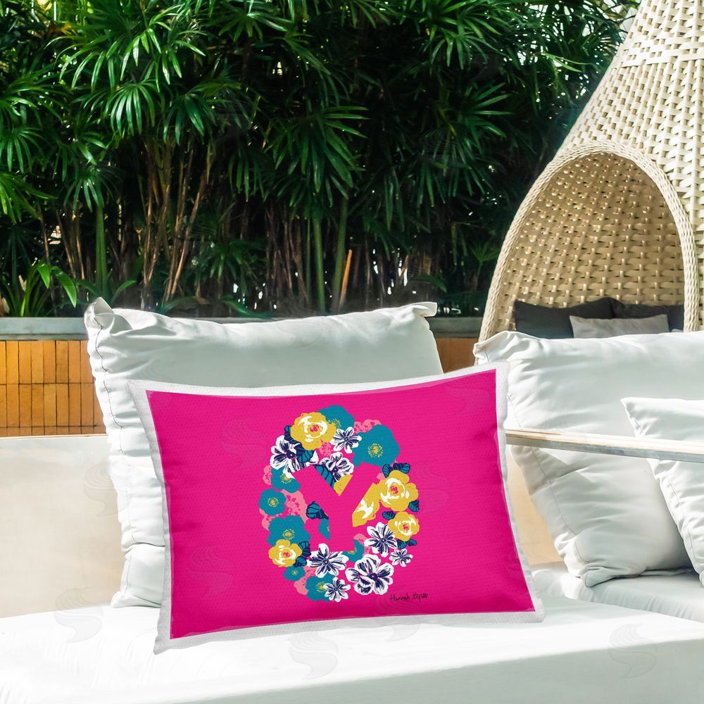 Hannah Byatt Floral Initial Letter Y Outdoor Quick-Dry Polyester Printed Throw Pillow in Back Yard