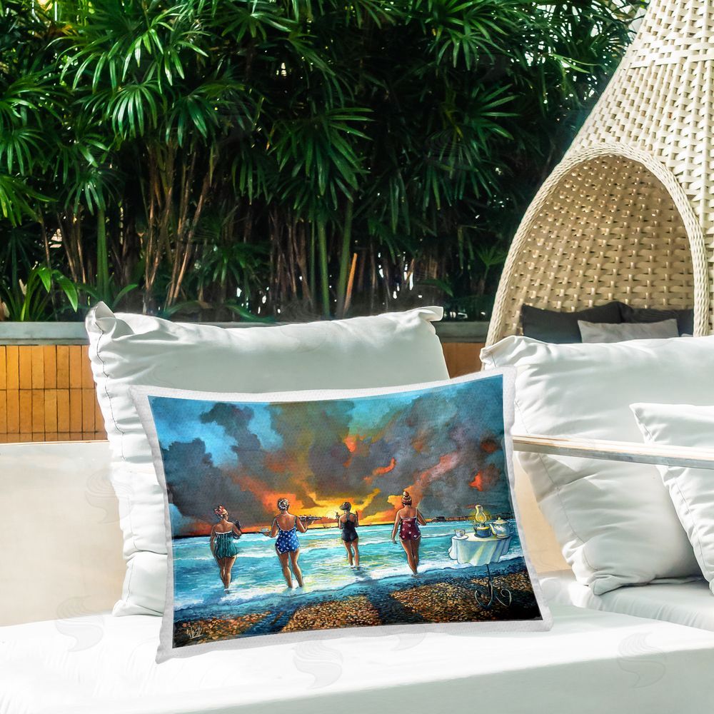 Ronald West Elegant Ladies on Beach Outdoor Quick-Dry Polyester Printed Throw Pillow in Back Yard
