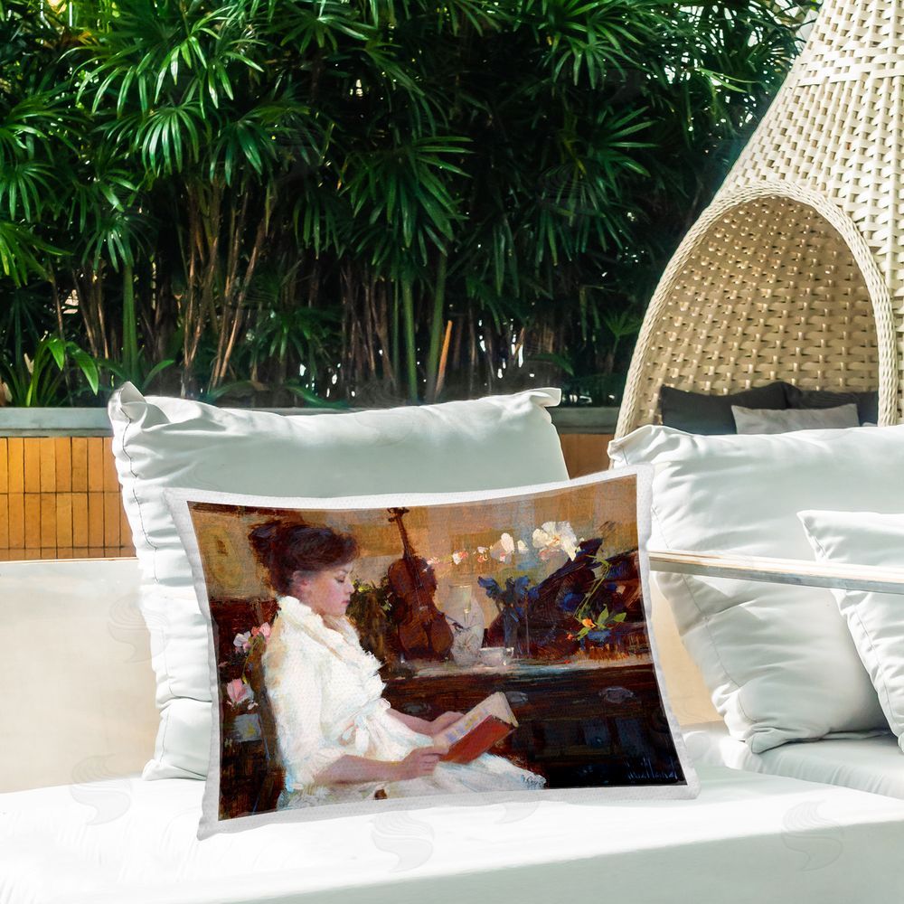 Katie Swatland Classic Girl Reading Outdoor Quick-Dry Polyester Printed Throw Pillow in Back Yard