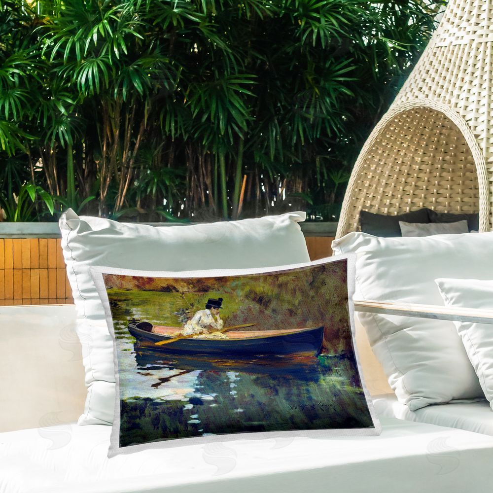 CAD Designs Thoughtful Woman on Canoe Outdoor Quick-Dry Polyester Printed Throw Pillow in Back Yard