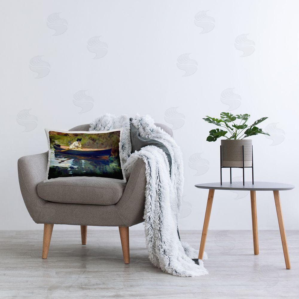 CAD Designs Thoughtful Woman on Canoe Printed Plush Polyester Throw Pillow On Chair